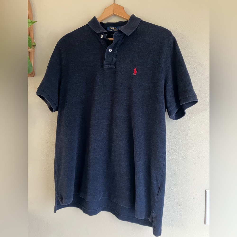 Polo Ralph Lauren Navy Blue Heathered Classic Fit Cotton Polo Shirt Size Large